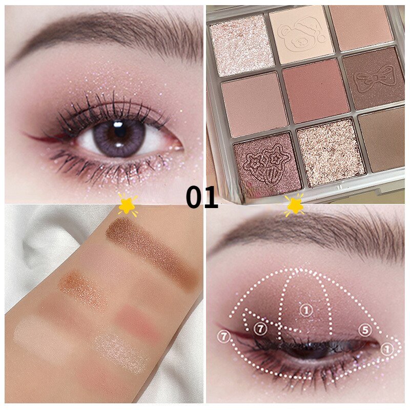Magic Bear 9-Color Eyeshadow Palette with Pearlescent and Matte Textures, Ideal for Beginners, Delicate and Easy-to-Apply for Lasting and Natural Eye Makeup