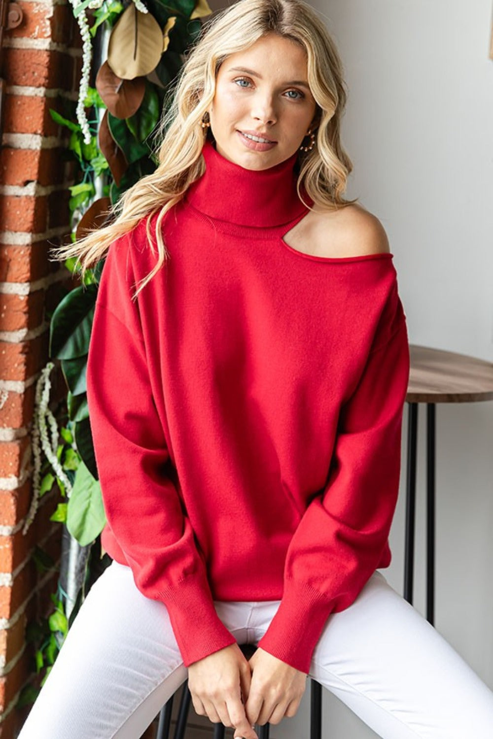 Stylish First Love Cut-Out Shoulder Turtleneck Women's Sweater for Fashionable Layering