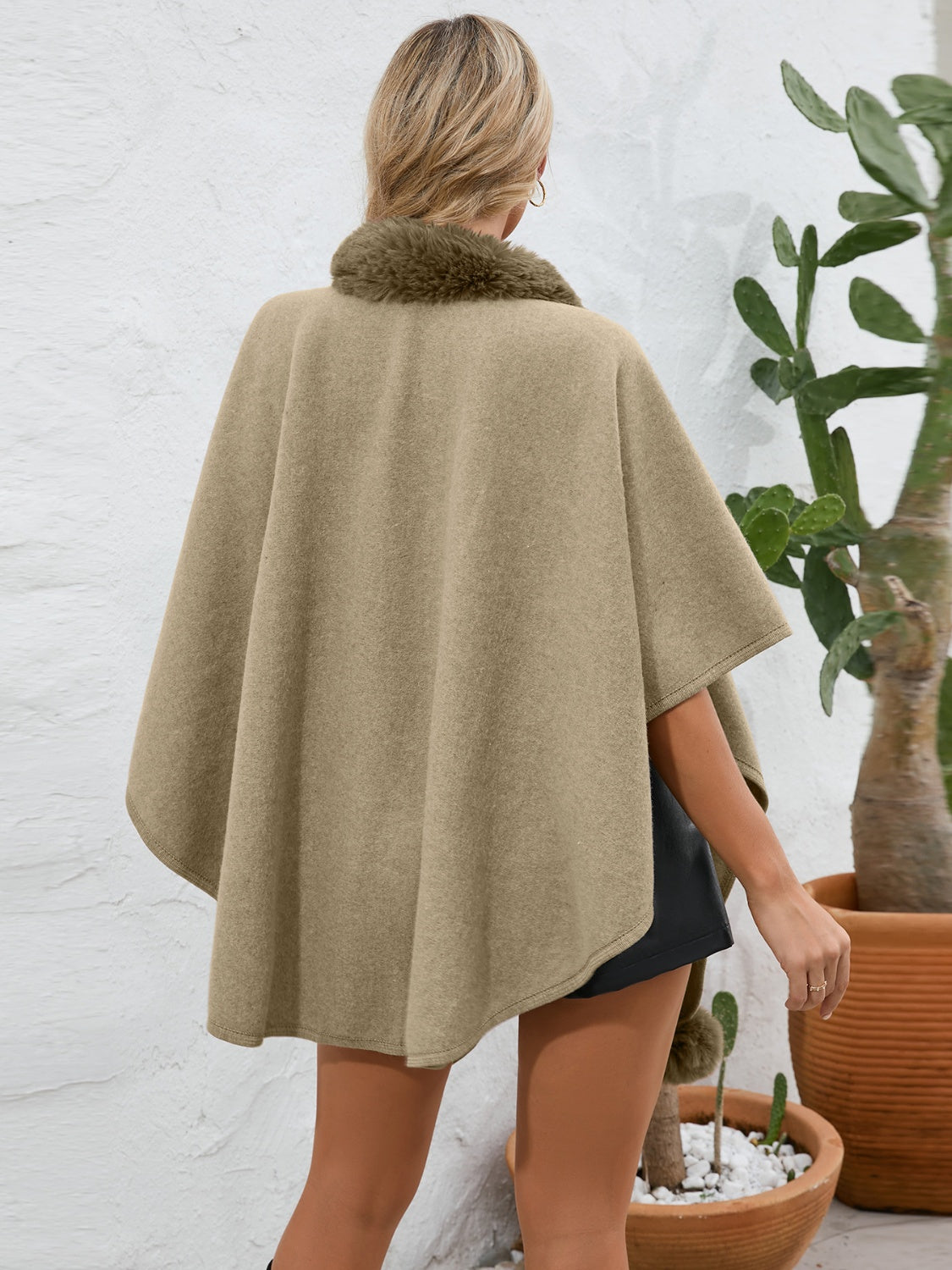 Soft and Fuzzy Trimmed Open Front Polyester Poncho for Casual Wear