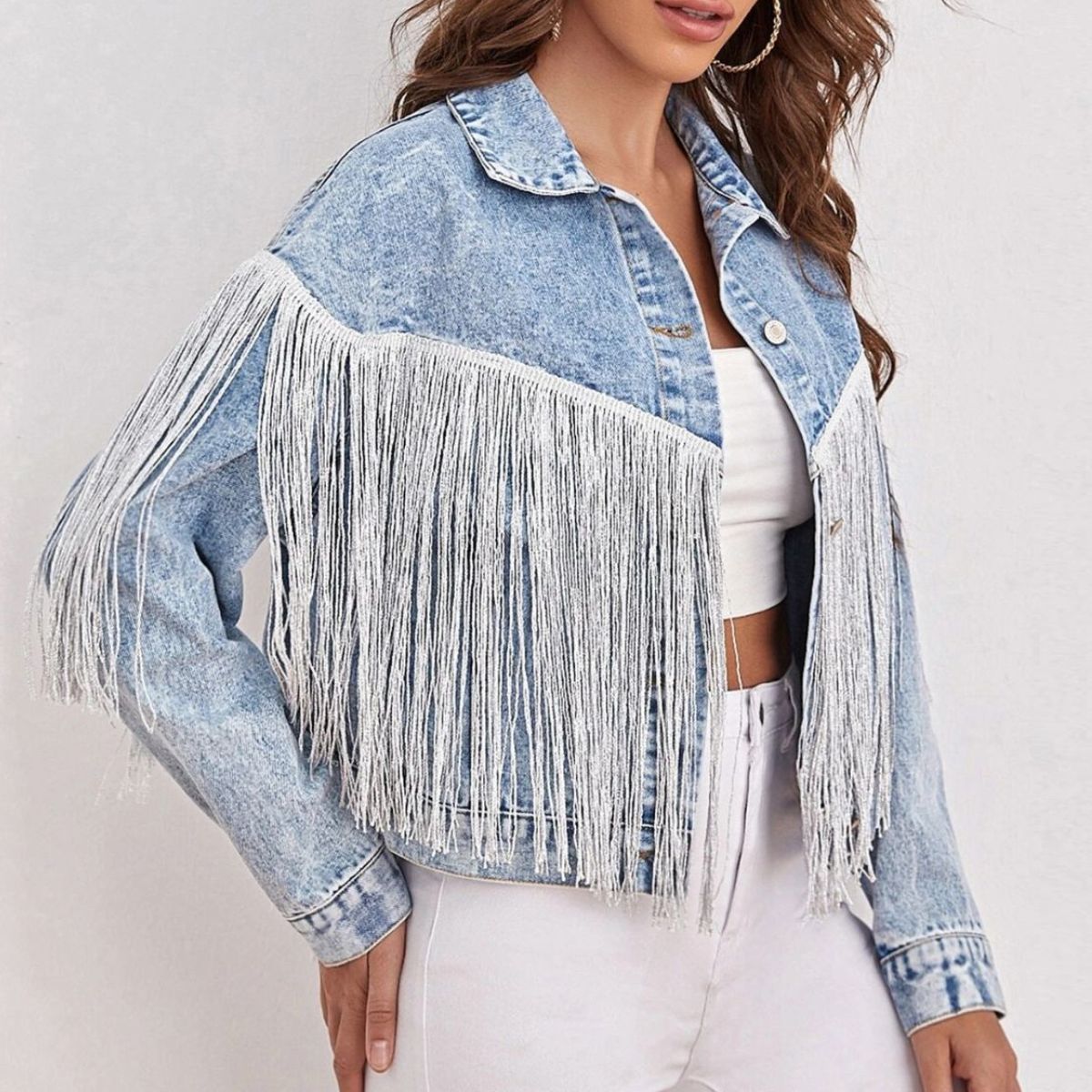Casual Long Sleeve Denim Jacket with Fringe Detail and Collared Neck