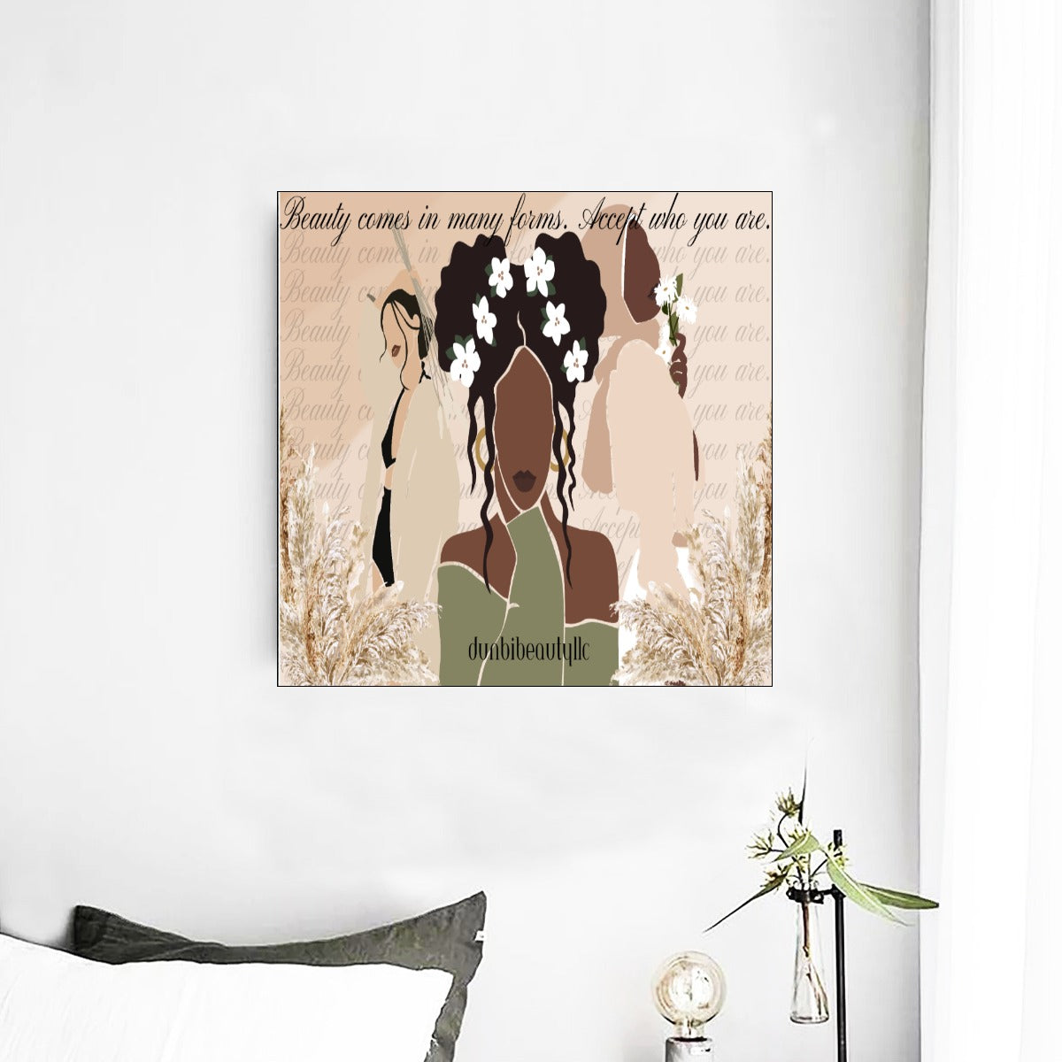 Framed Single-Piece Decorative Wall Mural Featuring Square Portraits of Black, Asian, and Muslim Women, Exuding Beauty and Elegance (Designed by Dunbi)