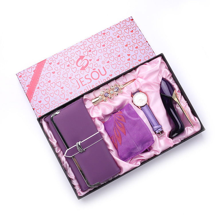 Stylish Set of Long Wallet, Silk Scarf, High - End Watch, Perfume and Hairpin
