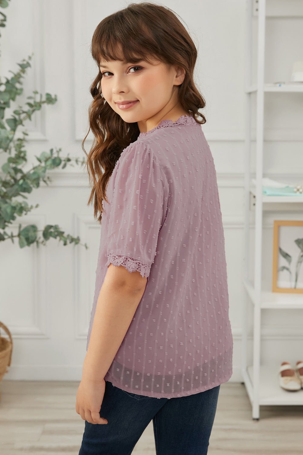 Summer Girls' Blouse with Swiss Dot and Spliced Lace for 4 - 13 Years Old