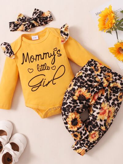 Fashionable Baby Set: Letter Long Sleeve Bodysuit, Leopard Pants and Bow Headband