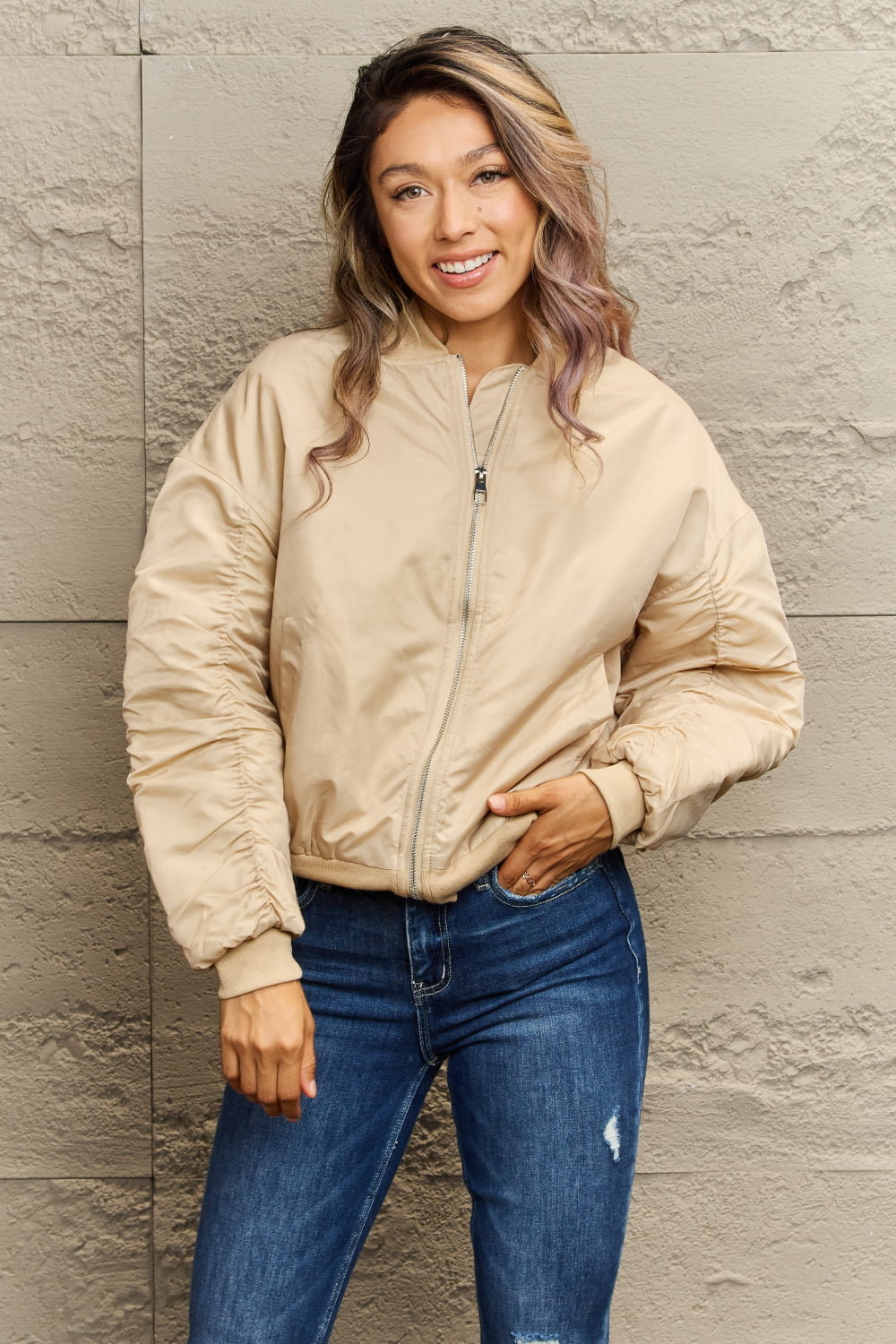100% Polyester Casual Dropped Shoulder Zip-Up Jacket with Baseball Collar
