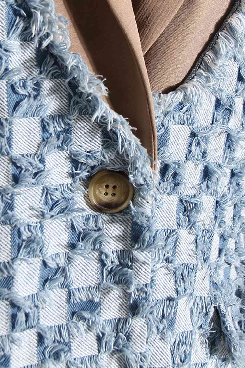 Double Take Long Sleeve Denim Jacket with Lapel Collar and Fringe Details