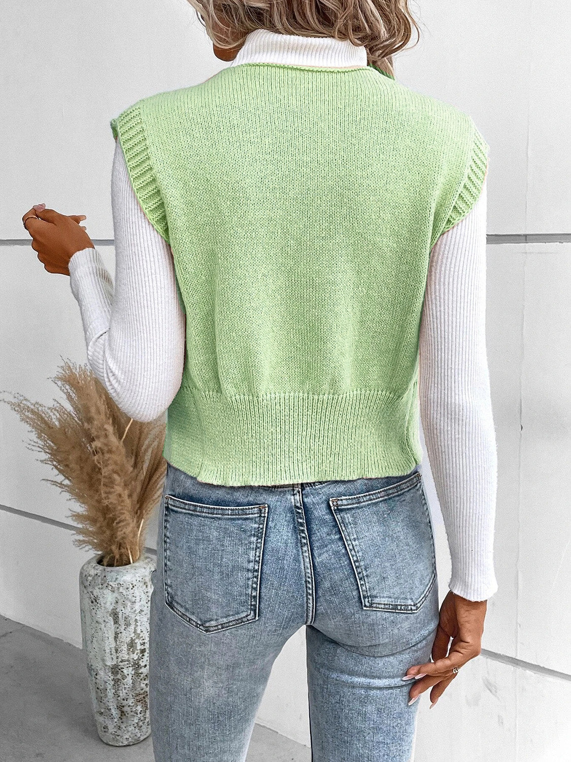Full-Size V-Neck Button-Up Sweater Vest with Slight Stretch