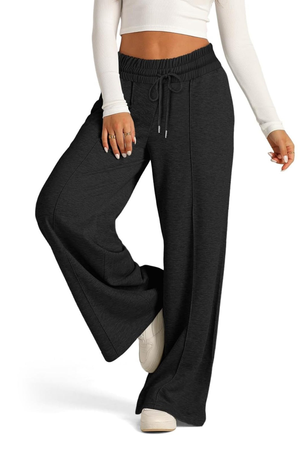 Fashionable Drawstring Elastic Waist Wide Leg Polyester Pants for Comfortable Wear