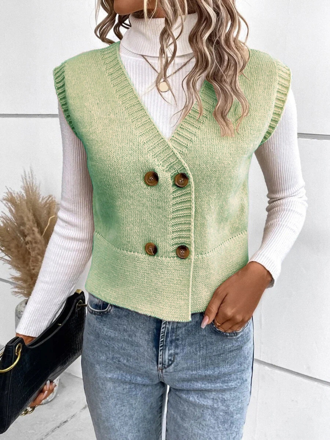 Full-Size V-Neck Button-Up Sweater Vest with Slight Stretch