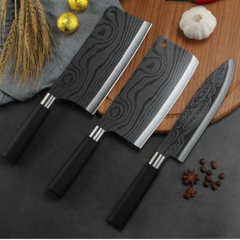 Premium Professional Damascus Laser Pattern Stainless Steel Chef Knife Set for Meat Chopping, Slicing, and Vegetable Cutting in the Kitchen