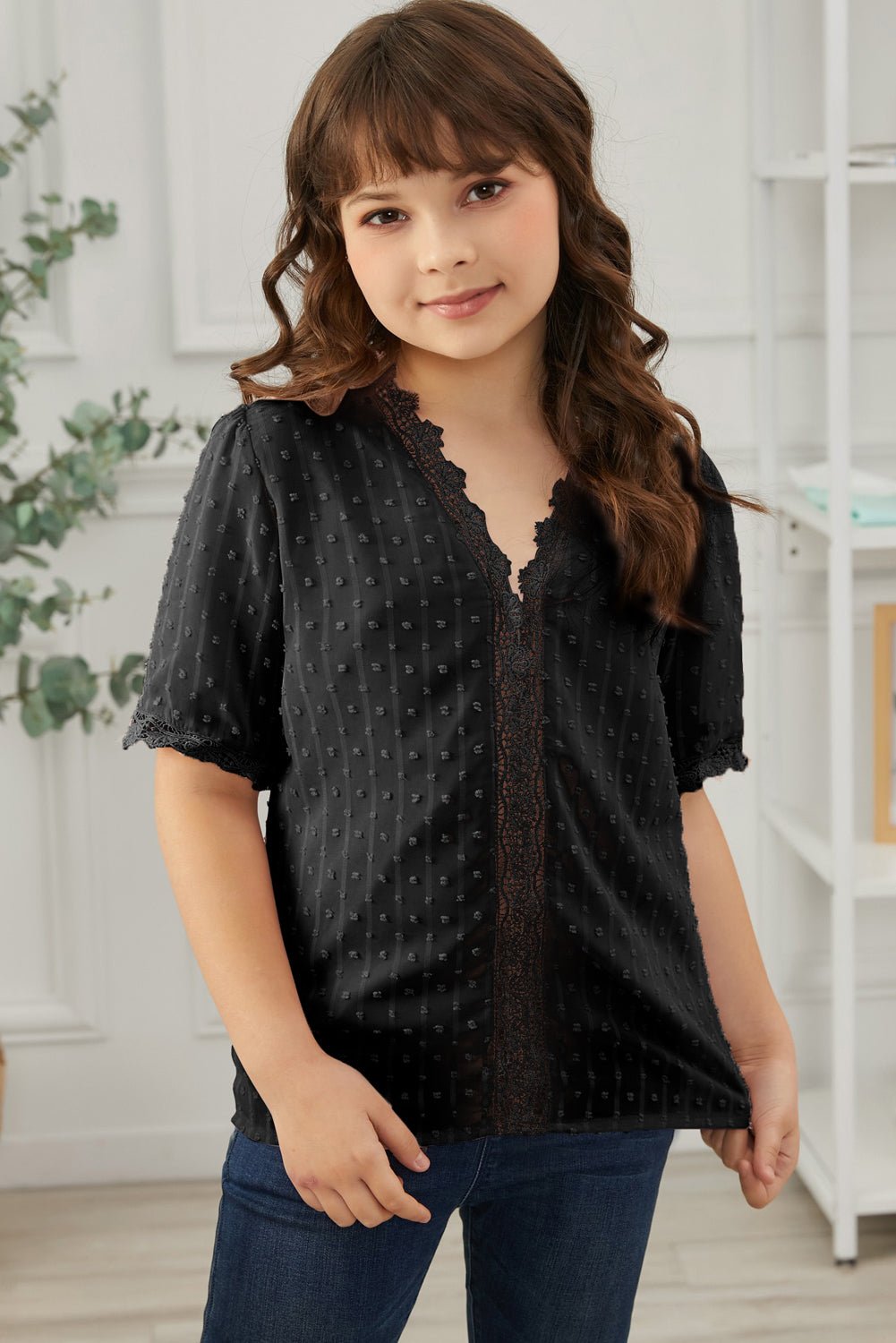 Summer Girls' Blouse with Swiss Dot and Spliced Lace for 4 - 13 Years Old