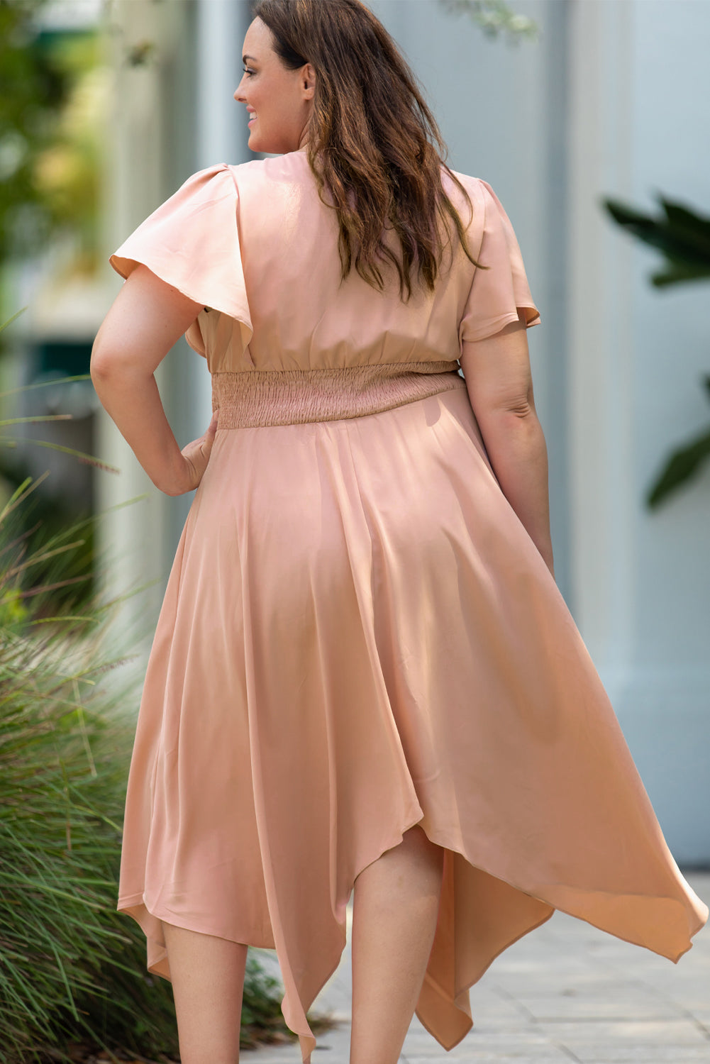 Plus Size Fashionable Wide Waistband Surplice Neck Flutter Sleeve Mid - length Dress for Women