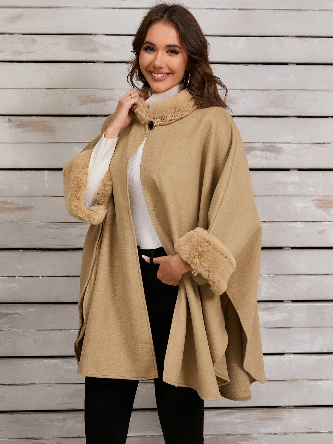 Soft Fuzzy Trimmed Long-Sleeved Women's Poncho for Casual Wear
