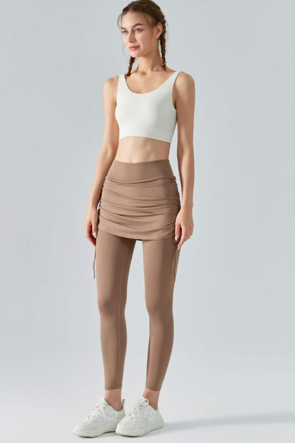 Soft and Breathable Drawstring Ruched Faux Layered Stretch Yoga Leggings