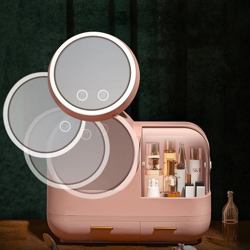 High-End Quality Makeup Storage Case with LED Lighting and Fan - A Modern Desktop Make Up Organizer Drawer for Skincare, Lipstick, and Cosmetics Beauty Box