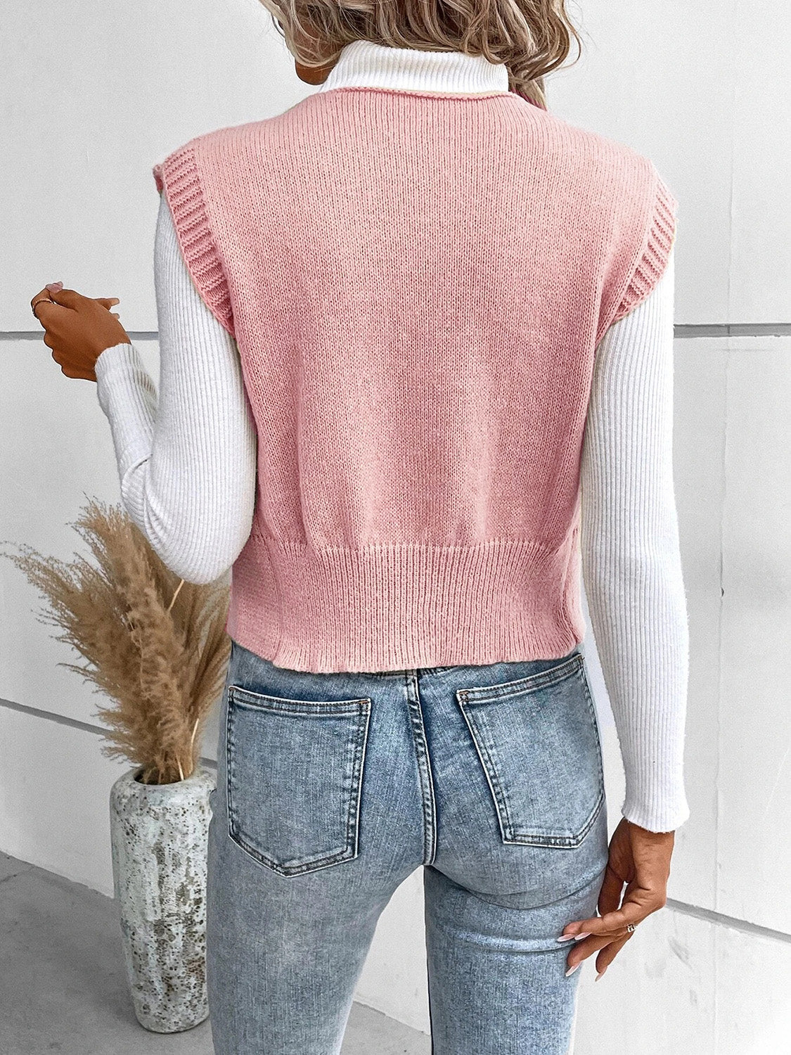 Full-Size V-Neck Button-Up Sweater Vest with Slight Stretch