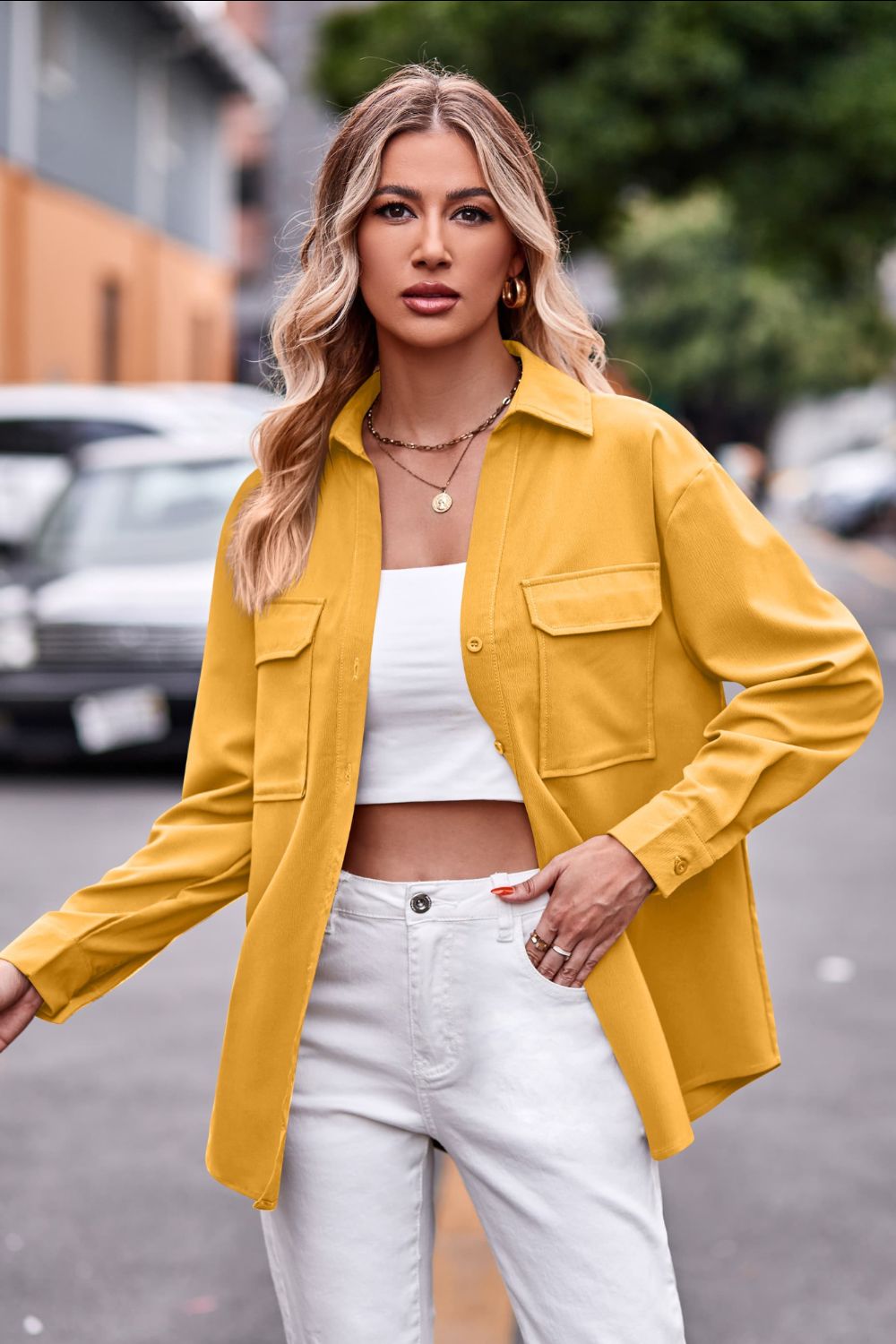 Casual Longline Dropped Shoulder Shirt with Functional Pockets