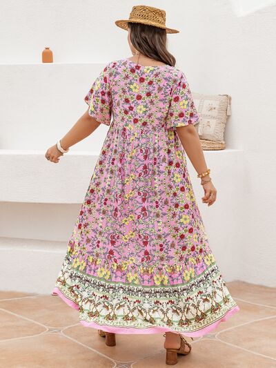 Plus Size Women's Floral Maxi Dress with Tie Neck and Flutter Sleeves