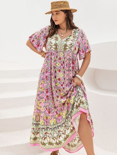 Plus Size Women's Floral Maxi Dress with Tie Neck and Flutter Sleeves