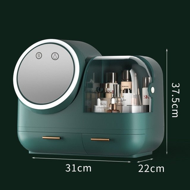 High-End Quality Makeup Storage Case with LED Lighting and Fan - A Modern Desktop Make Up Organizer Drawer for Skincare, Lipstick, and Cosmetics Beauty Box
