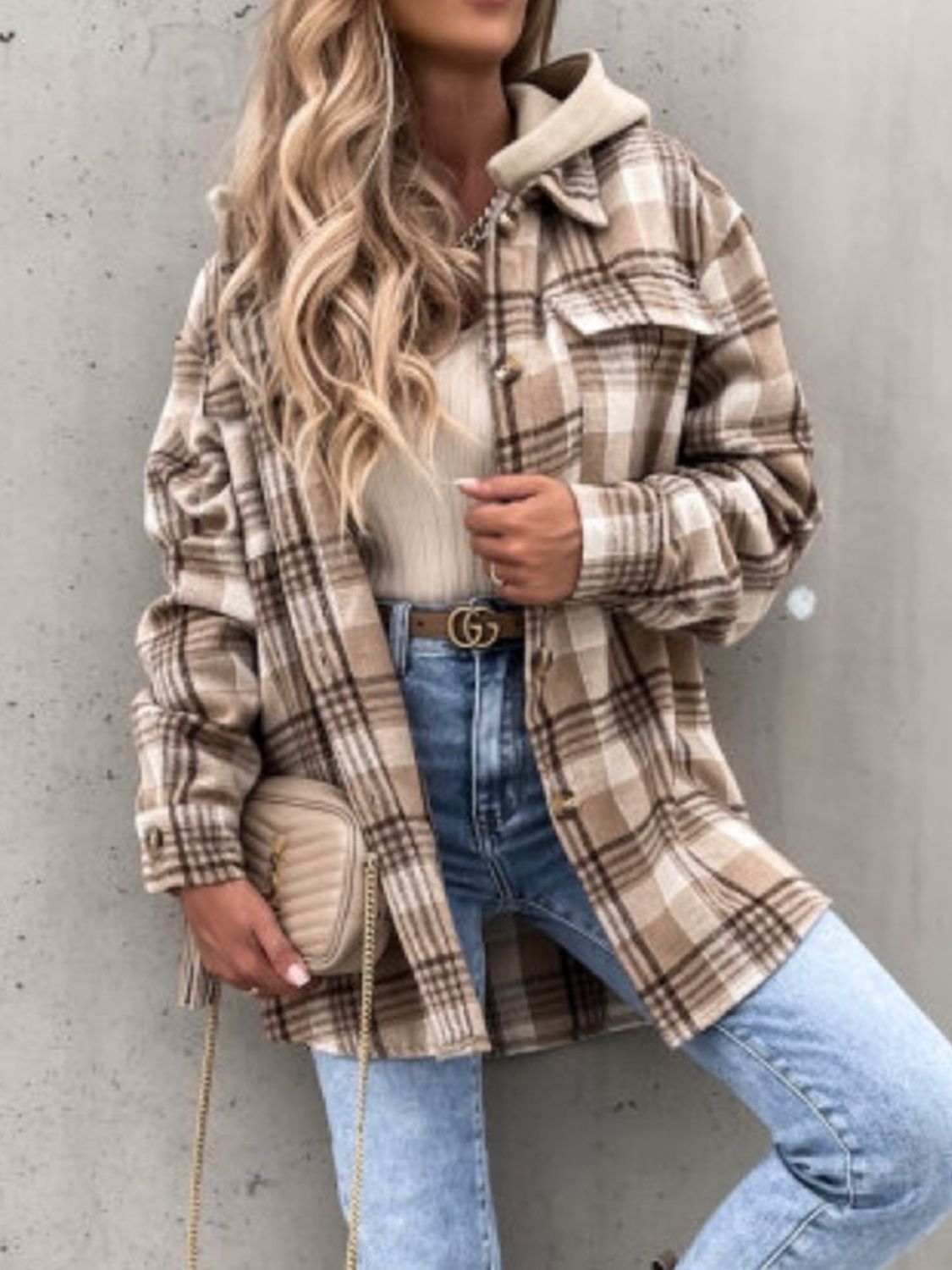 Stylish Plaid Button-Up Men's Jacket with a Detachable Hood