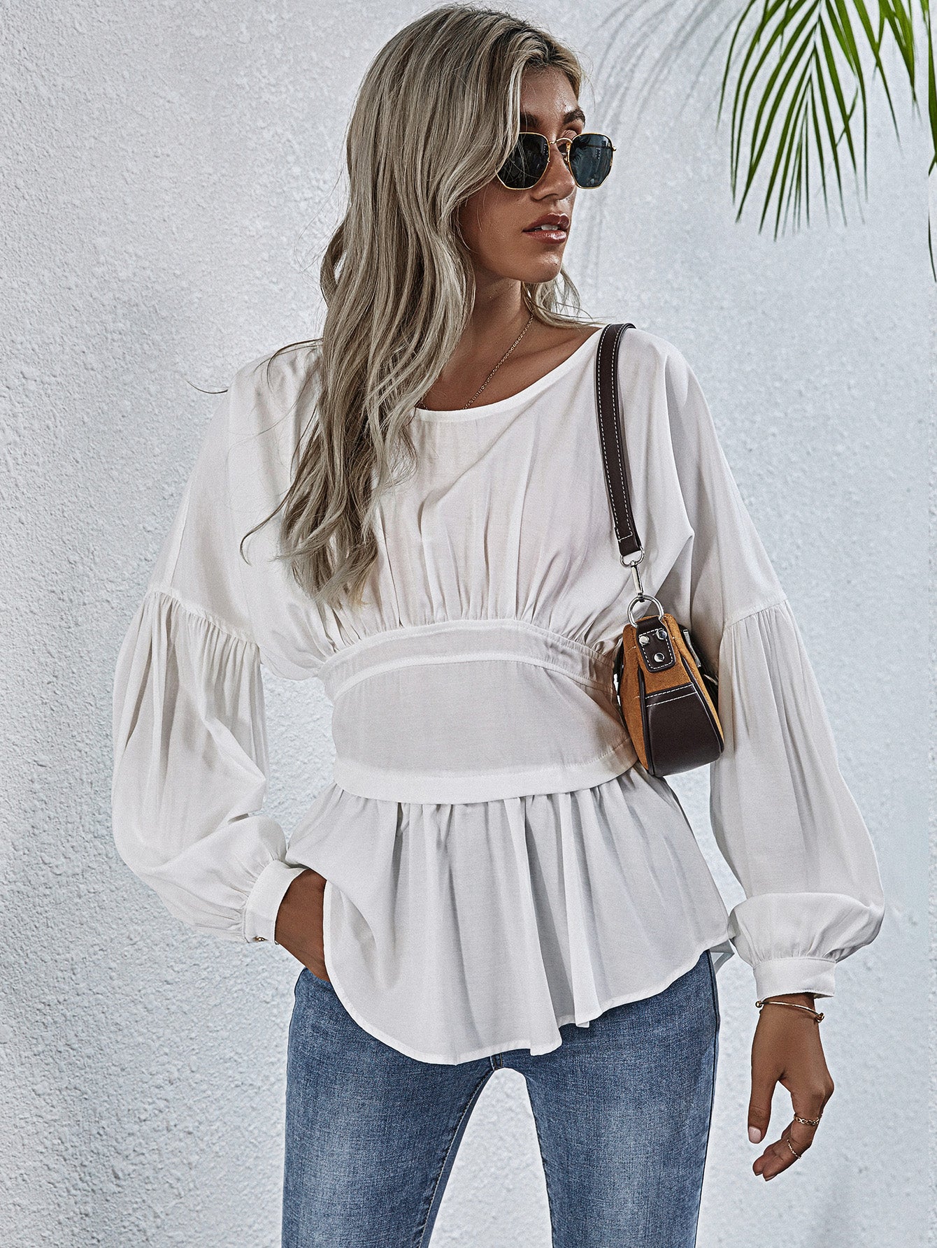 Long Sleeve Casual Round Neck Blouse with Exposed Seams and Dropped Shoulders