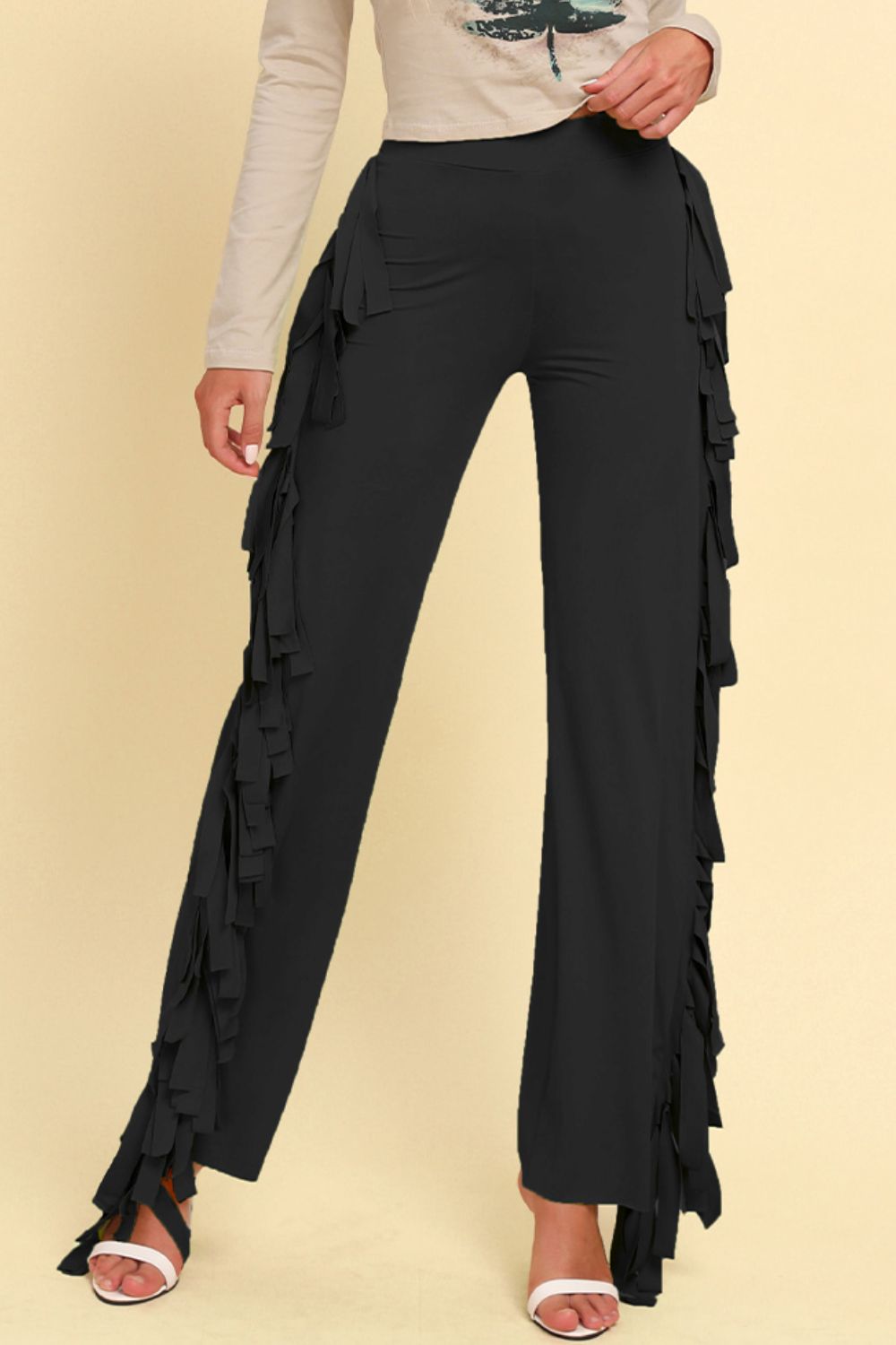 Stylish Fringe Trimmed Wide Leg Long Pants
