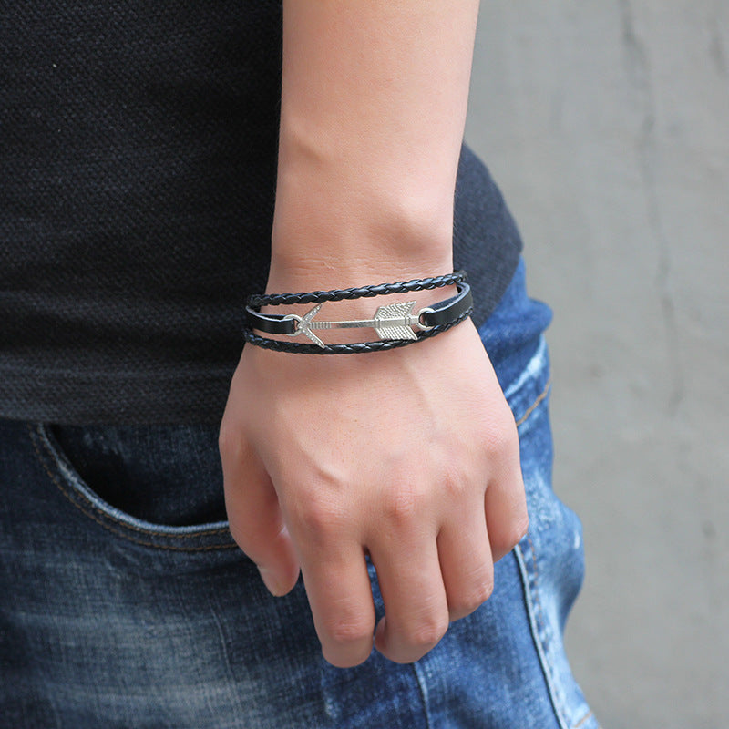 Men's Fashionable Retro-Style Alloy Arrow Leather Braided Wrist Bracelet