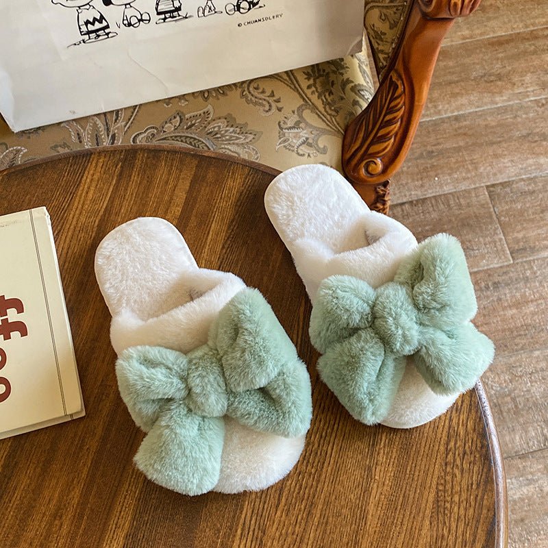 Adorable Plush Women's Slippers with a Top Bow for Winter