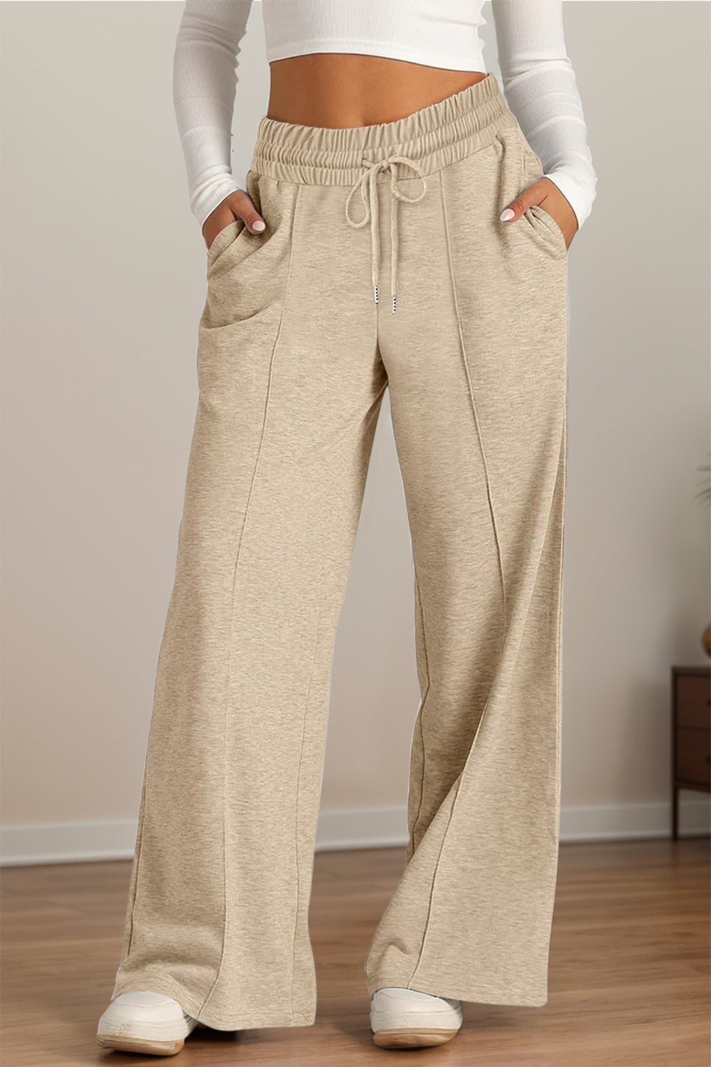 Fashionable Drawstring Elastic Waist Wide Leg Polyester Pants for Comfortable Wear