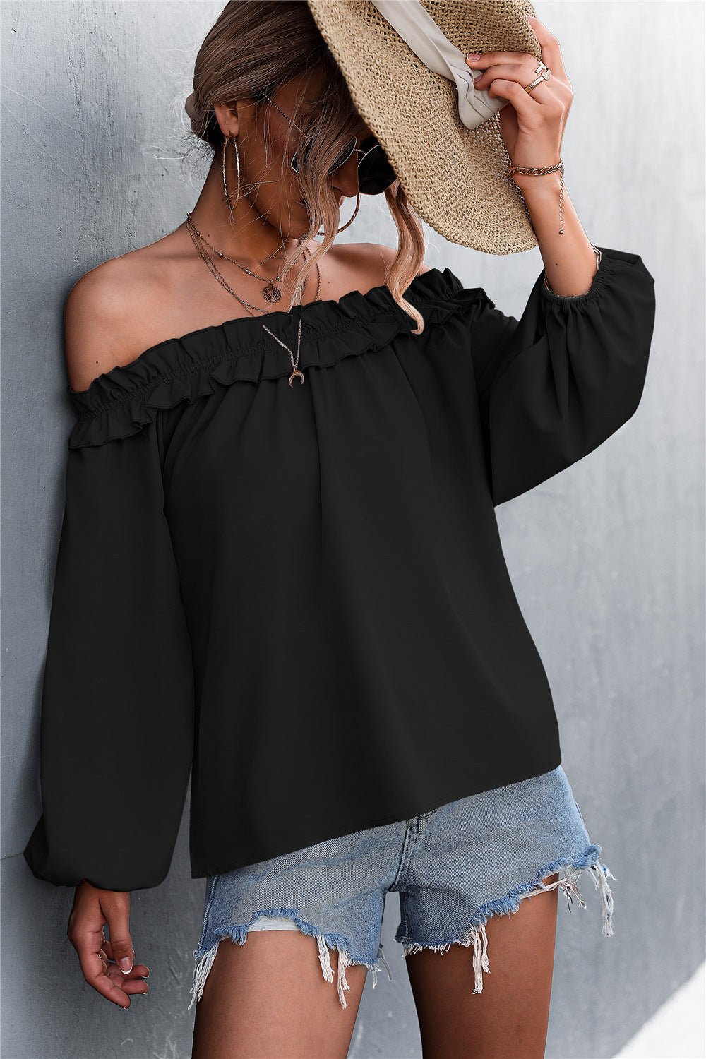 Fashionable Women's Frill Trimmed Off-Shoulder Balloon Sleeve Blouse Top