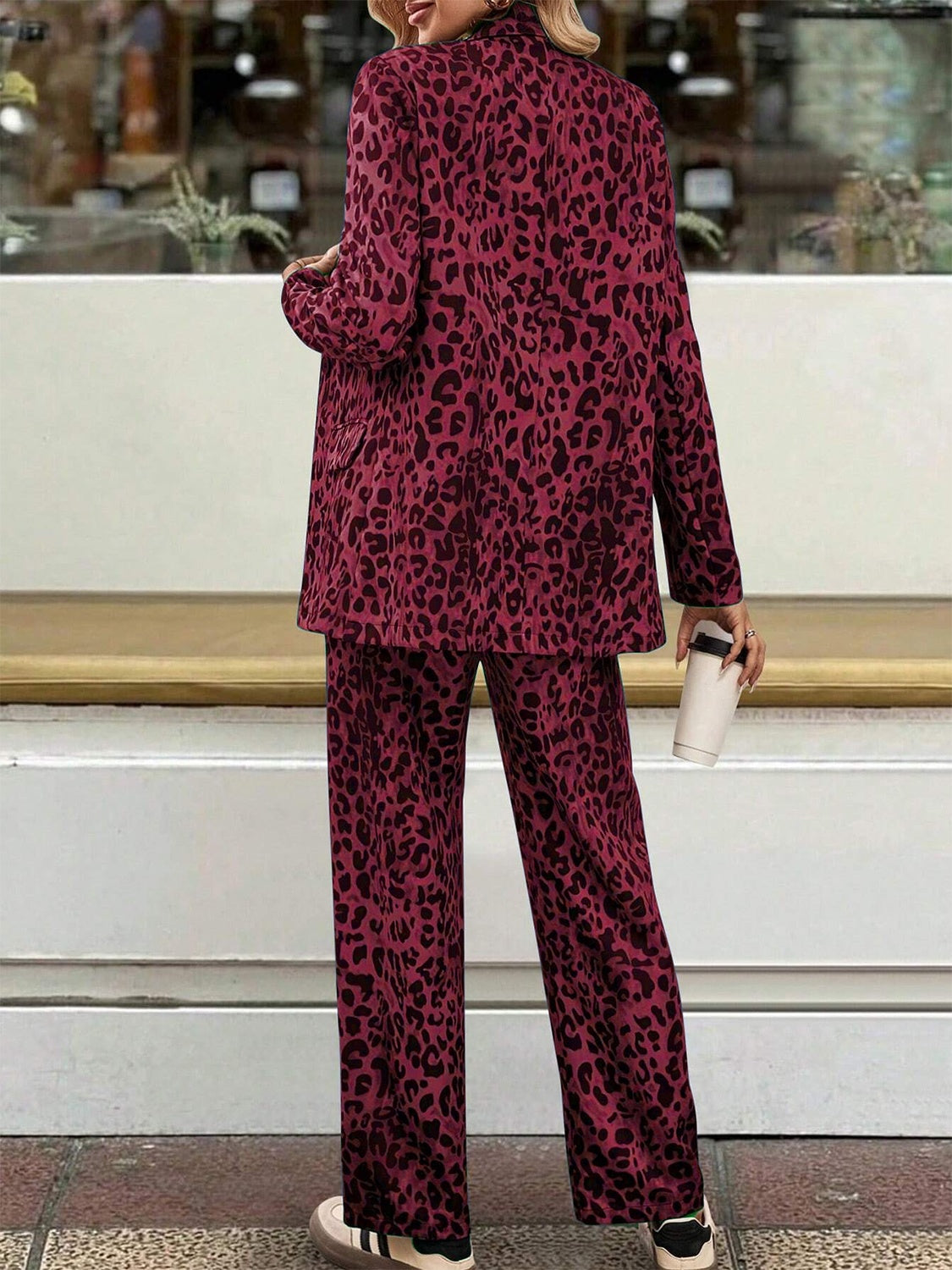 Full-Size Leopard Print Long Sleeve Lapel Collar Blazer and Pants Two-Piece Set