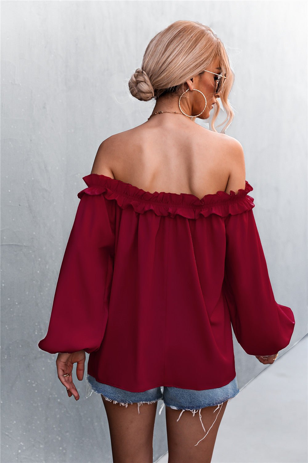 Fashionable Women's Frill Trimmed Off-Shoulder Balloon Sleeve Blouse Top