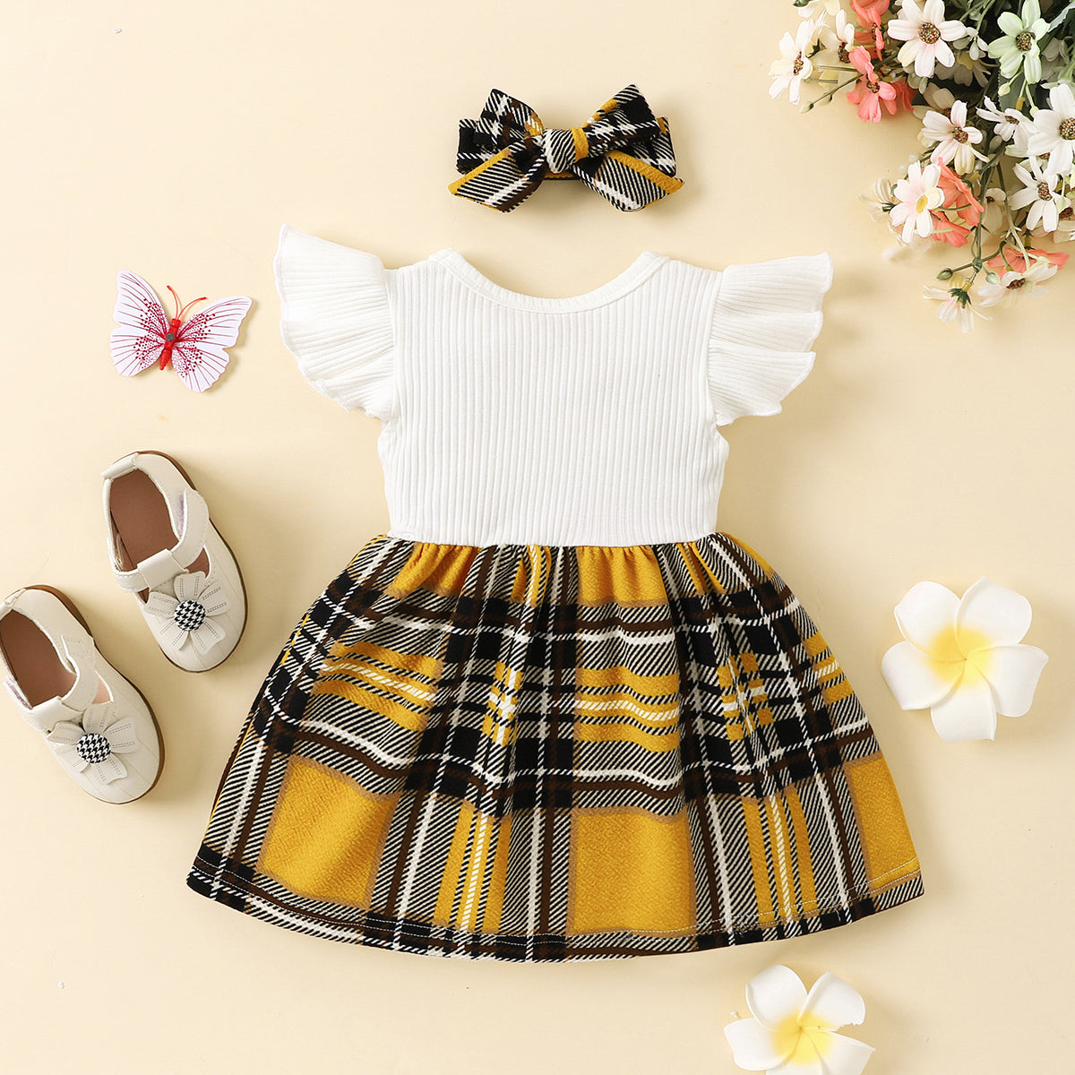 Casual Plaid Pattern Print Dress with Bow Detail for Infants and Toddlers
