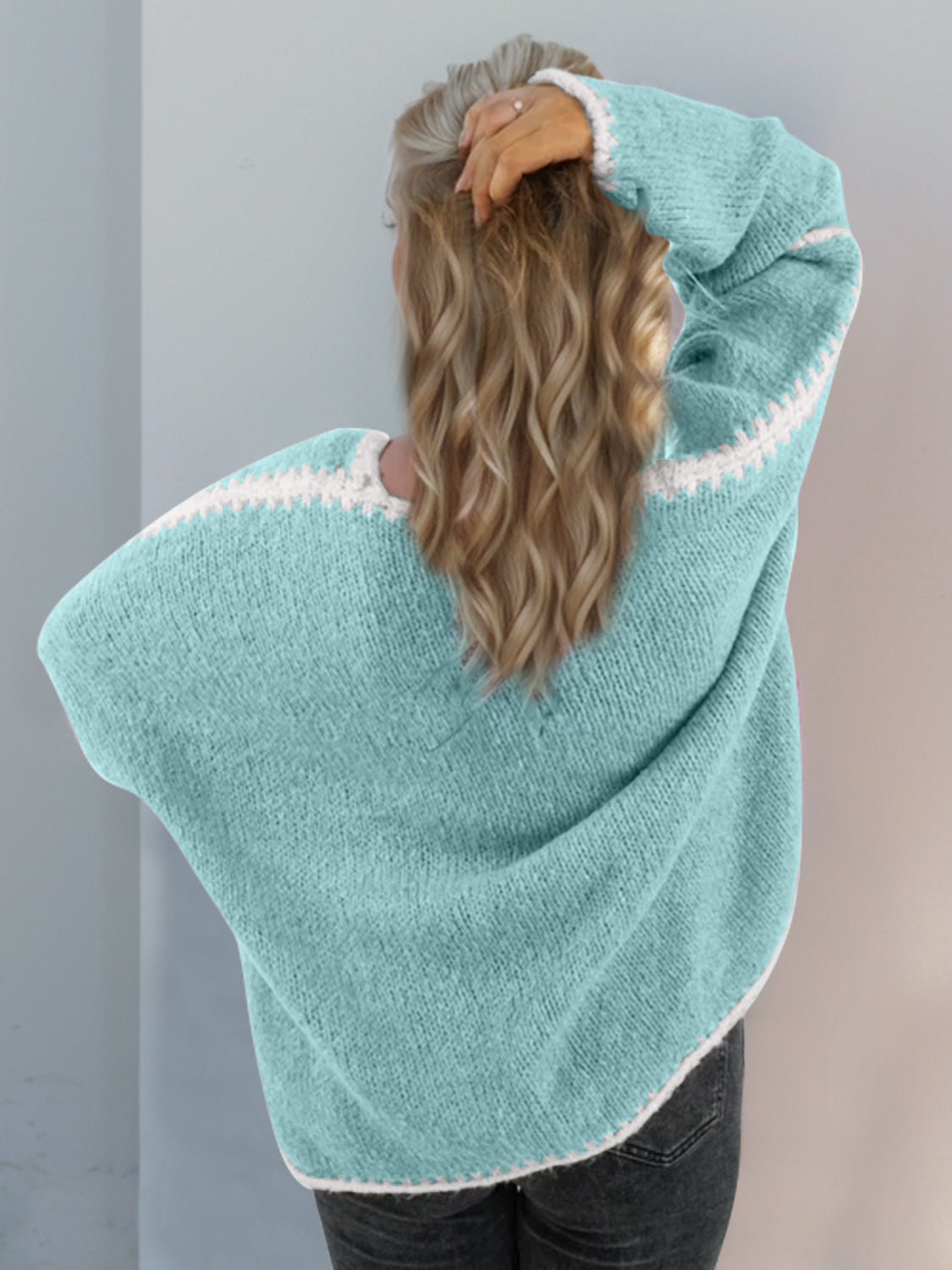 Double Contrast Open-Front Dropped-Shoulder Stretch Polyester Cardigan