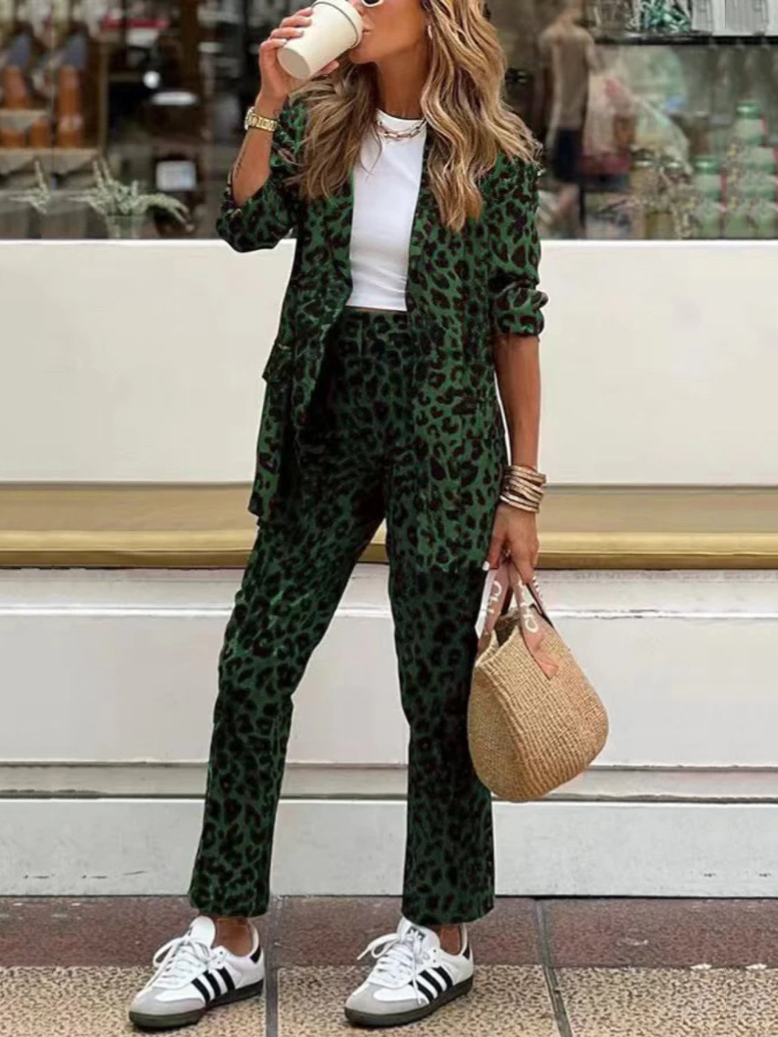 Full-Size Leopard Print Long Sleeve Lapel Collar Blazer and Pants Two-Piece Set