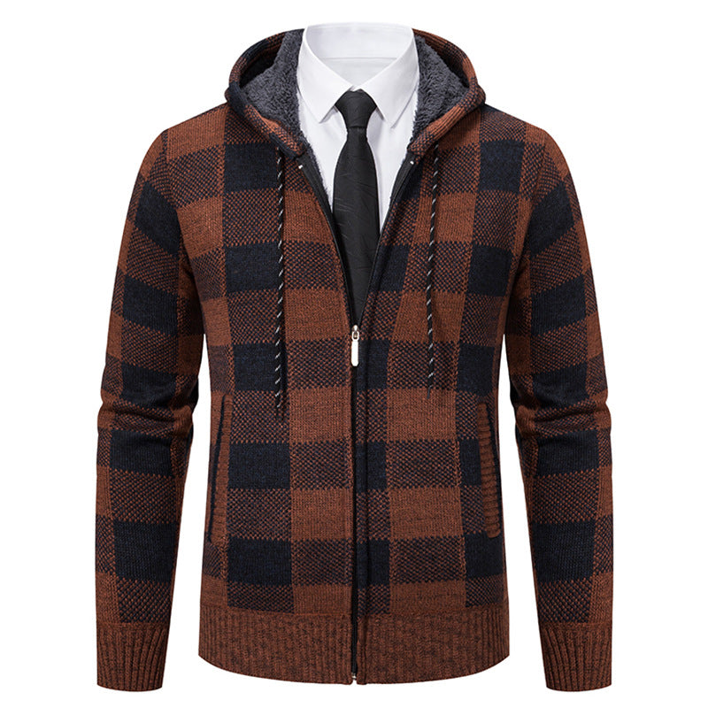 Men's Warm Plaid Thickened Cardigan Sweater Coat