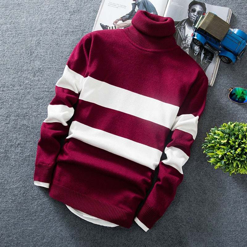 Men's Korean Style Long Sleeve Colorblock Striped Turtleneck Pullover Sweater