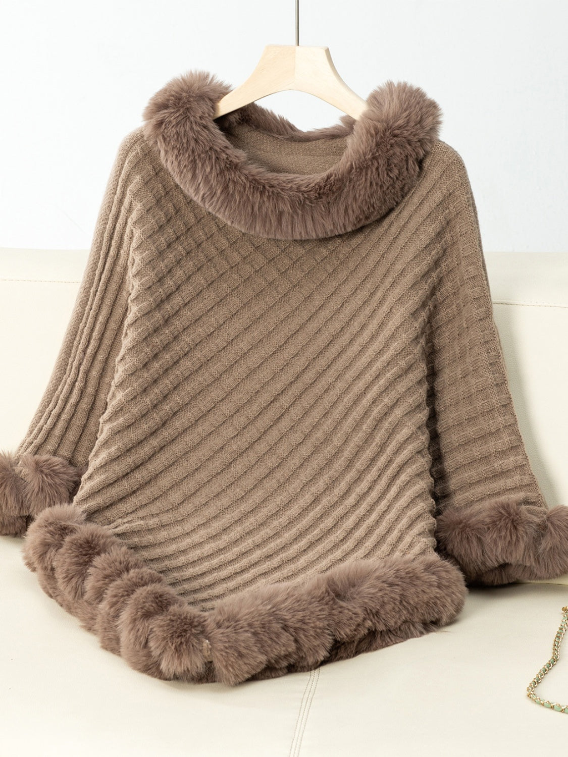 Fashionable Three-Quarter Sleeve Poncho with Fuzzy Trim Texture