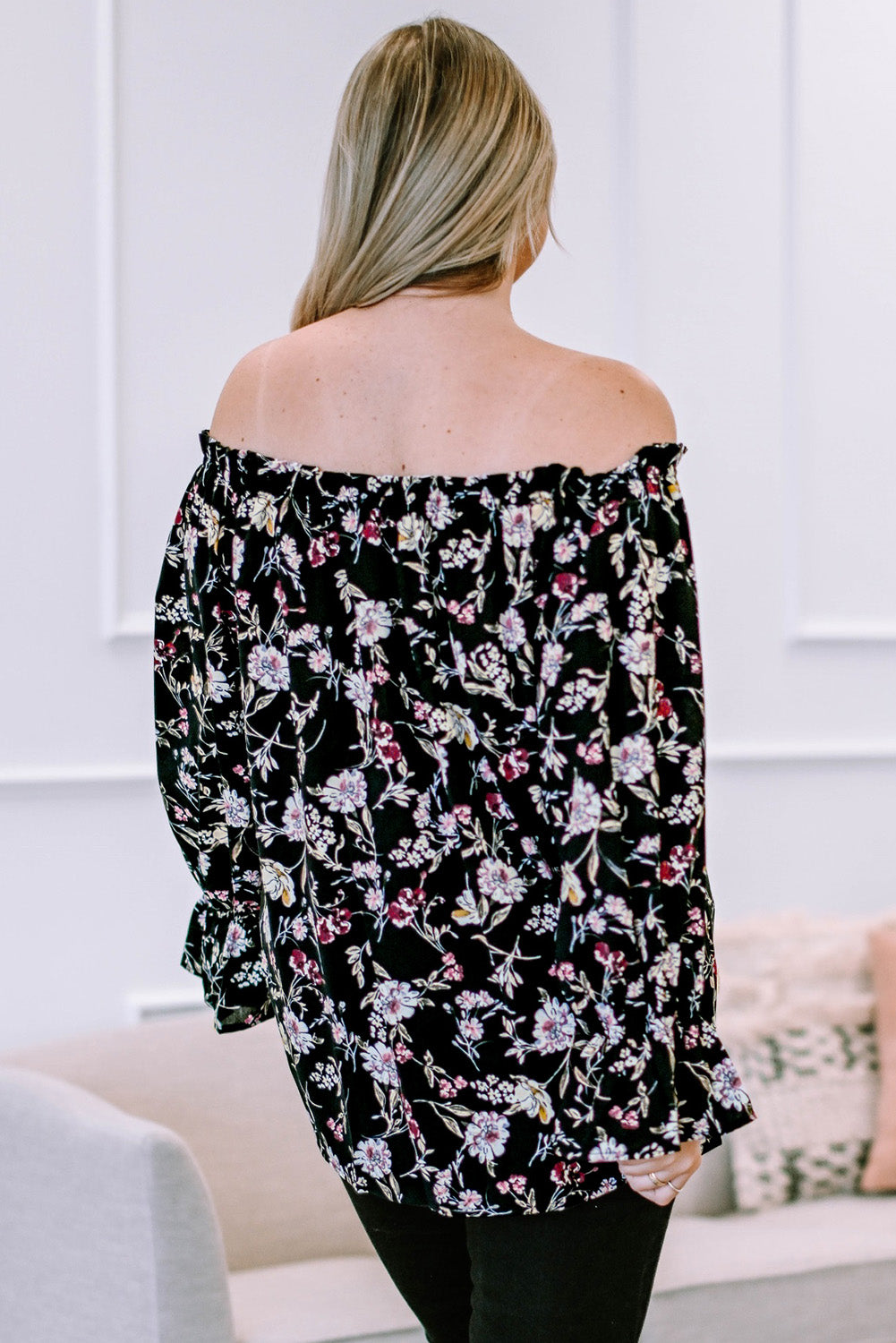 Plus Size Long Floral Off-Shoulder Blouse with Ruffled Flounce Sleeves