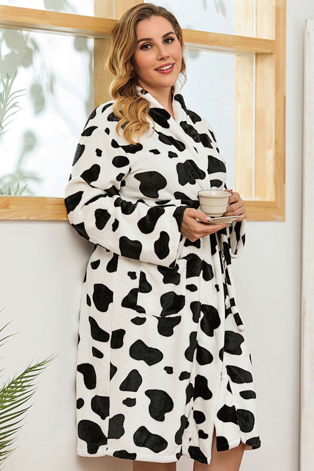 Plus Size Printed Tie-Waist Robe with Pocket - Polka Dot & Animal Print