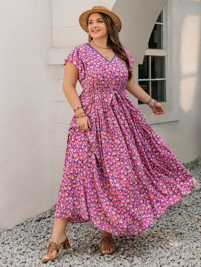 Plus Size Fashionable Printed V-Neck Flutter Sleeve Tie-Waist Floor-Length Maxi Dress for Women