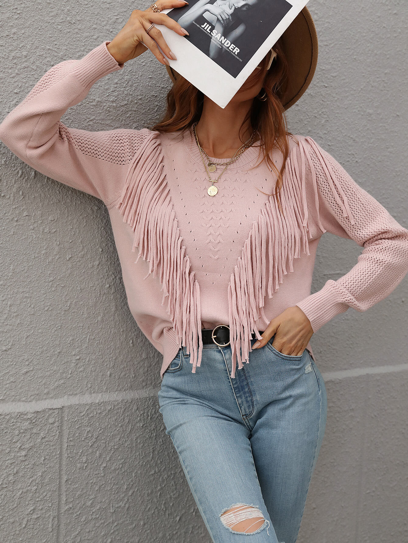 Casual Women's Fringe-Detailed Ribbed Trim Sweater for Regular Sizing
