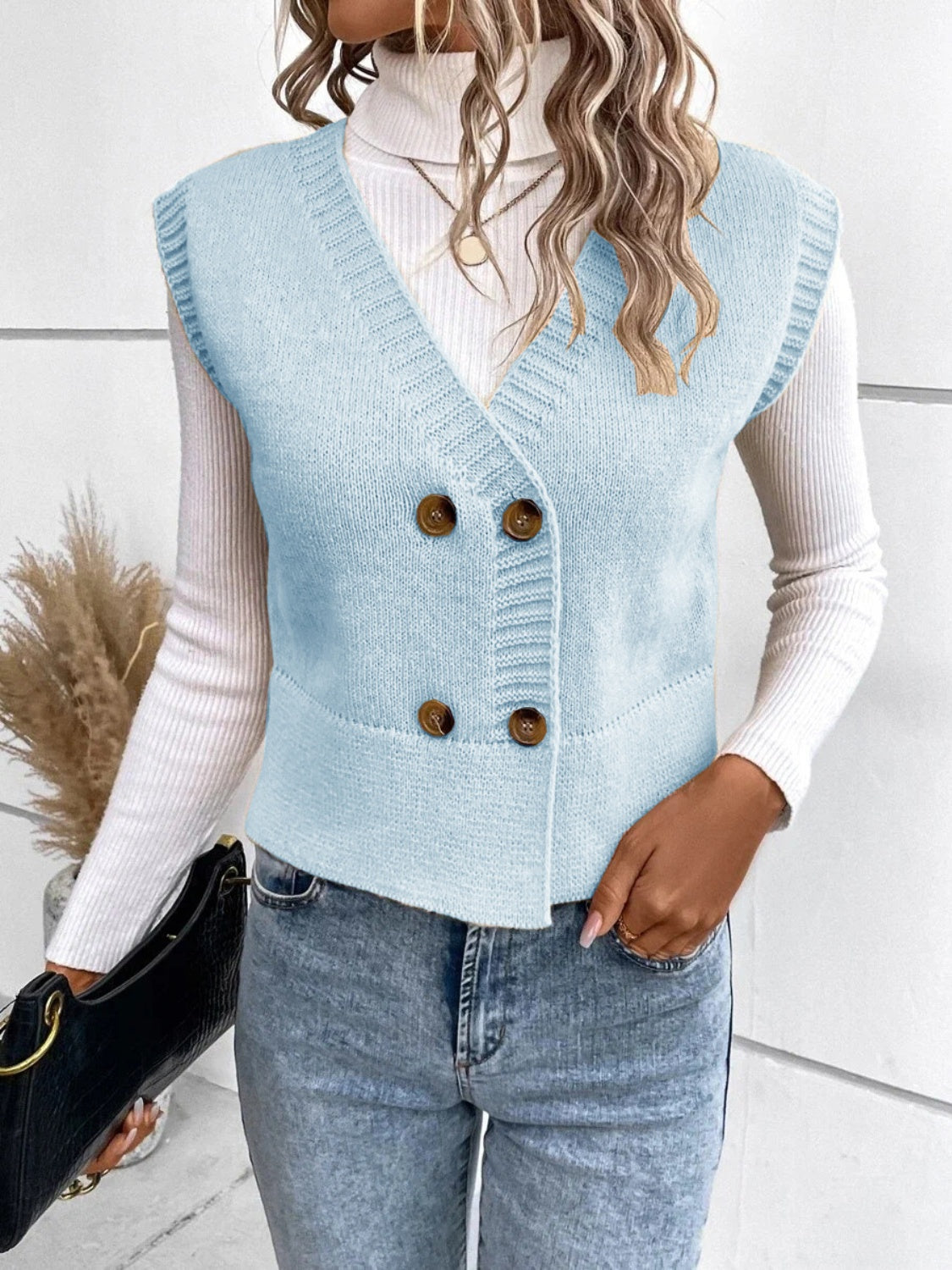 Full-Size V-Neck Button-Up Sweater Vest with Slight Stretch