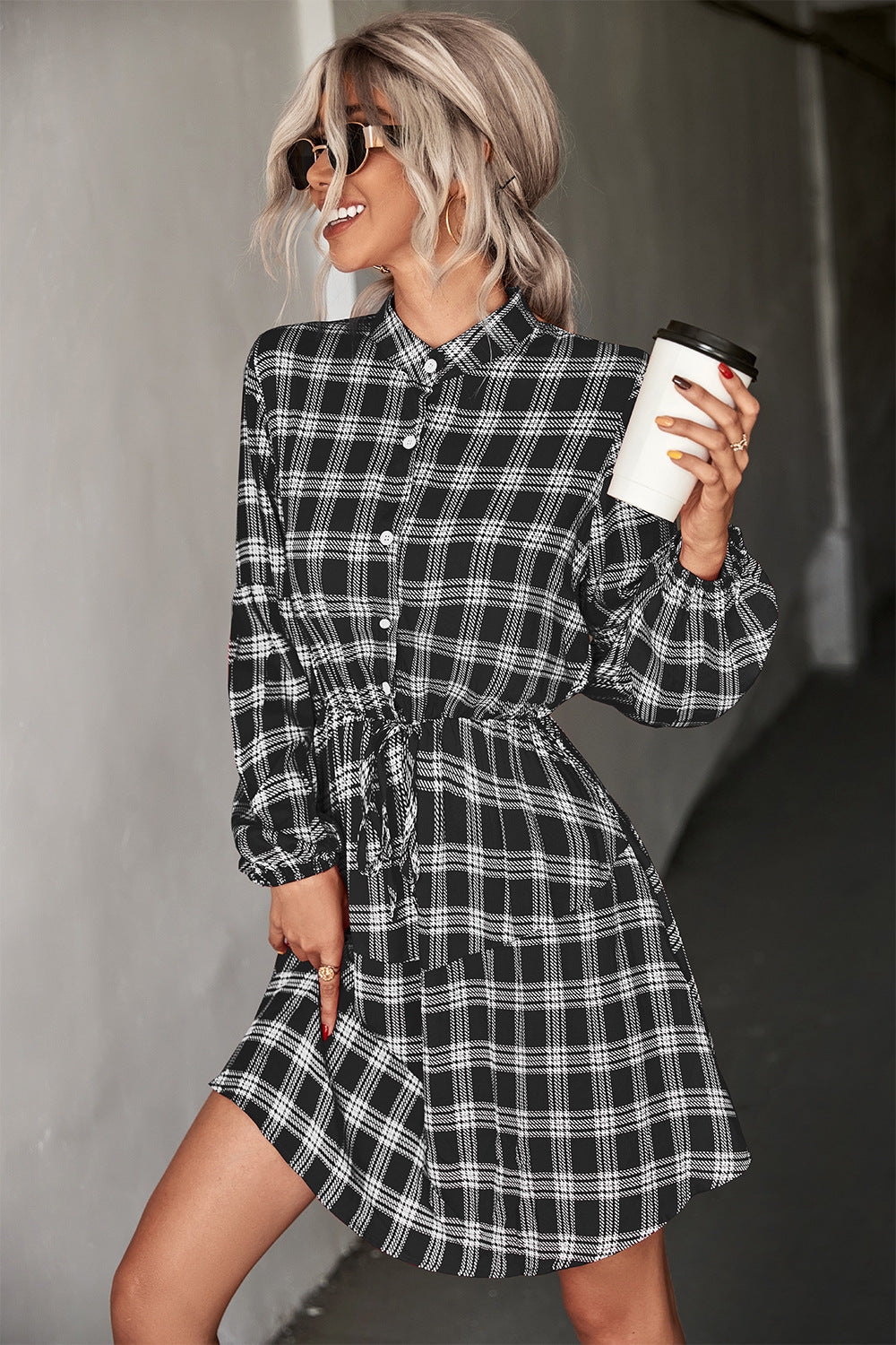 Stylish Plaid Band - Collar Drawstring Mini Shirt Dress for Casual Wear