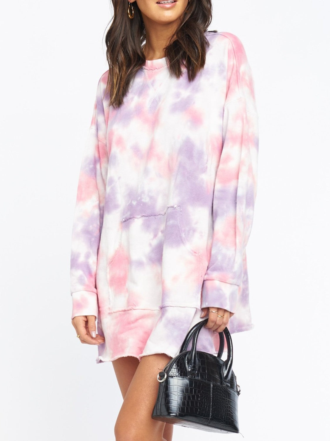 Stylish Pocketed Long Sleeve Tie - Dye Round Neck Dress