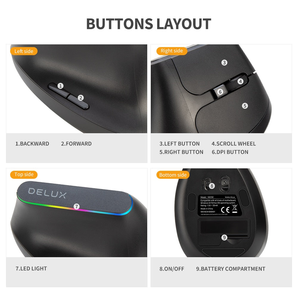 Delux M618C High - Performance Wireless Silent Ergonomic Vertical Six - Button Gaming Optical Mouse with USB Receiver and RGB 1600 DPI for PC and Laptop