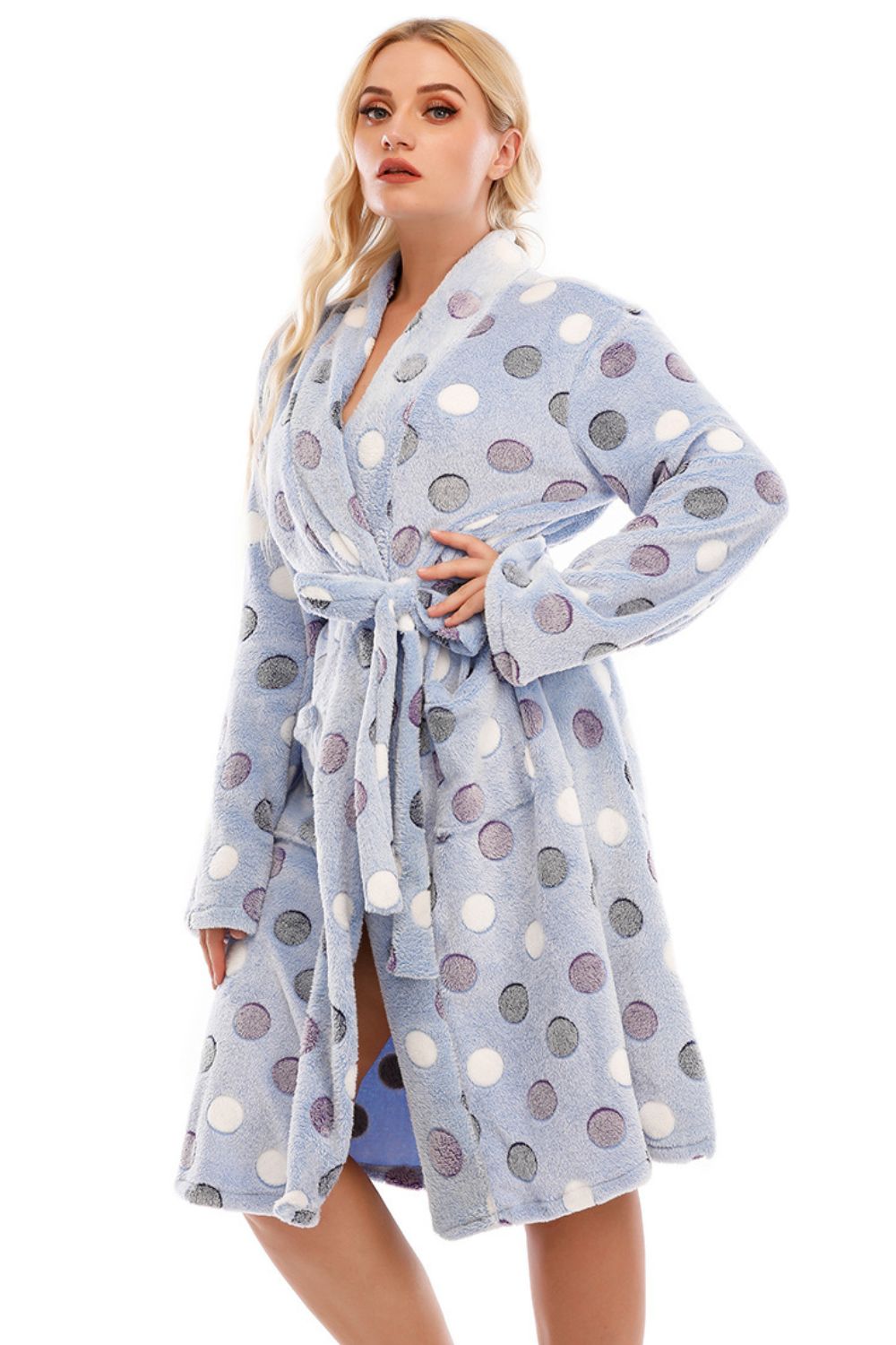 Plus Size Printed Tie-Waist Robe with Pocket - Polka Dot & Animal Print