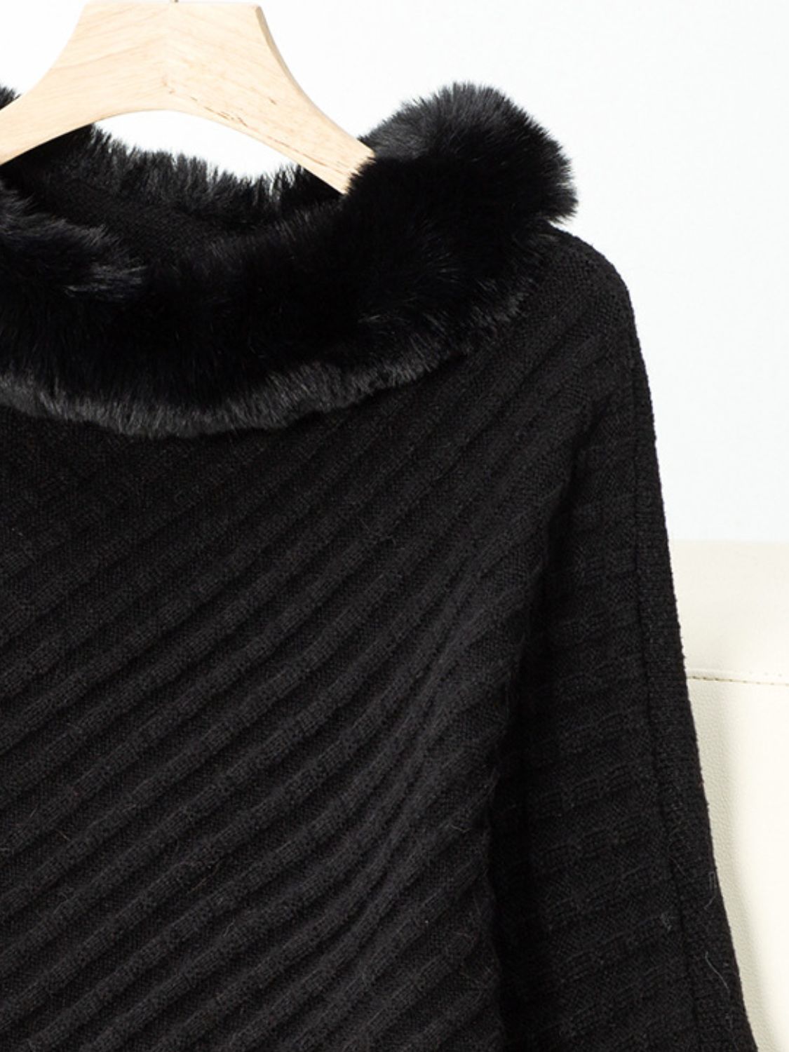 Fashionable Three-Quarter Sleeve Poncho with Fuzzy Trim Texture