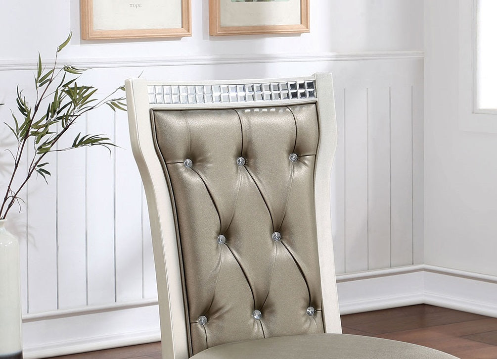Formal and Elegant Traditional Set of Two Dining Side Chairs in Champagne and Warm Grey Colors with Solid Wood Frame, Leatherette Cushions, and Button Tufted Design for Kitchen and Dining Room Furniture